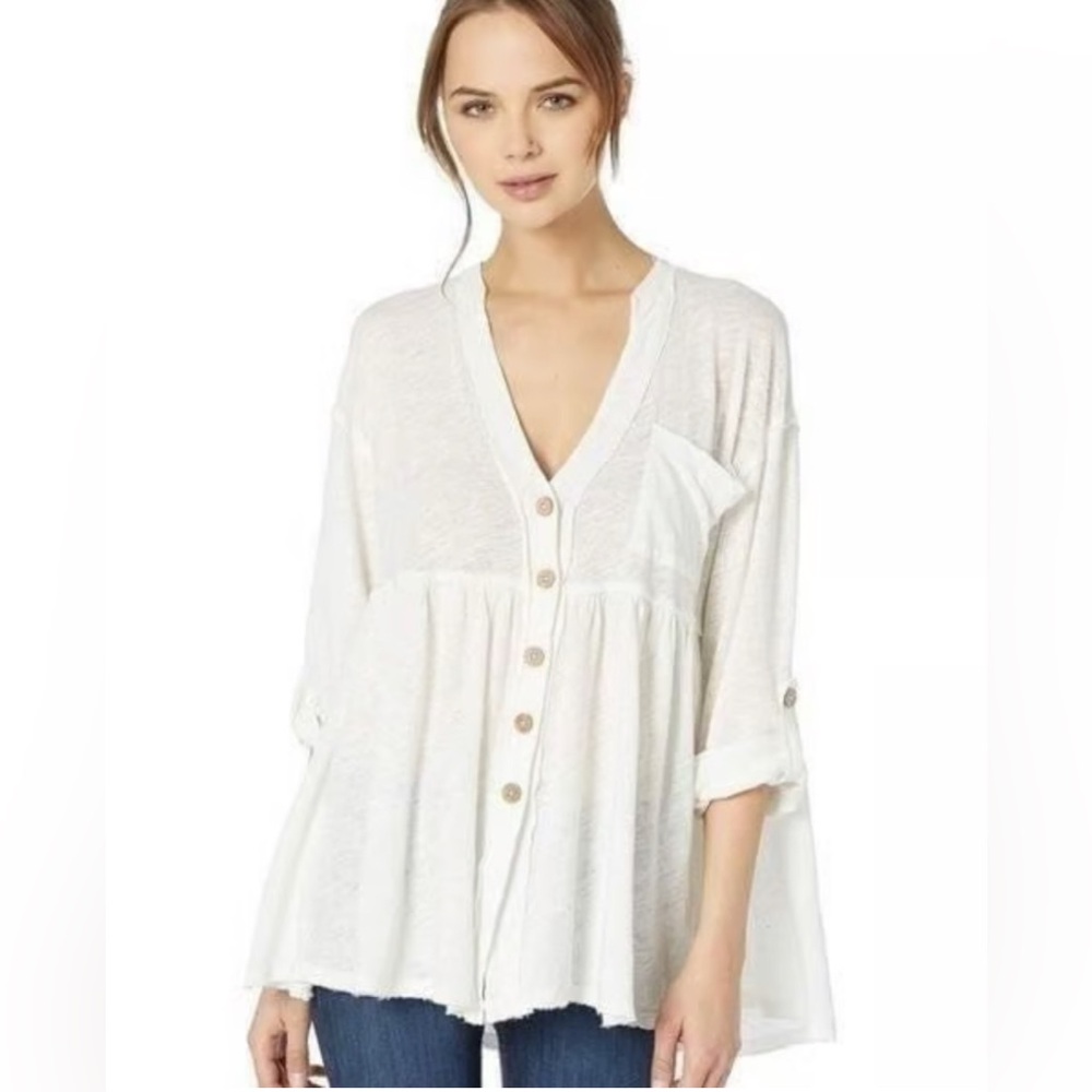 Free People White Jolin Button Front Tunic Top Shirt Ivory Medium Oversized‎